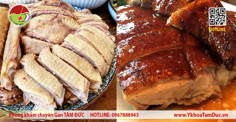 So sánh cách chế biến thịt vịt cho người viêm gan B: thịt vịt luộc (nên ăn) và vịt quay da giòn, nhiều dầu mỡ (cần tránh).