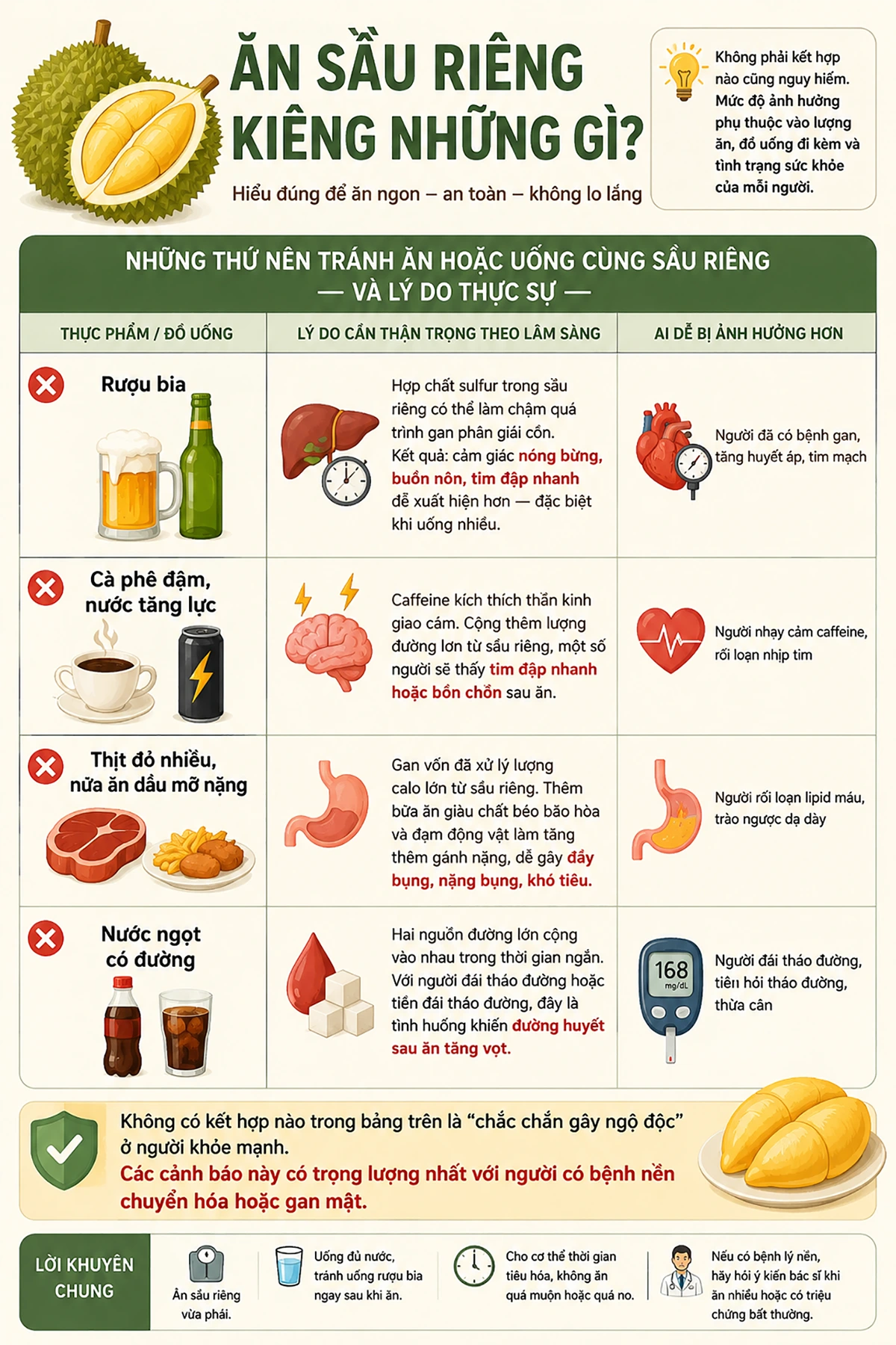 Ăn sầu riêng kiêng những gì? Bác sĩ gan mật giải thích từ những tình huống thực tế 1 Infographic giải thích những thực phẩm và đồ uống nên hạn chế dùng cùng sầu riêng như rượu bia, cà phê, nước ngọt và bữa ăn nhiều dầu mỡ