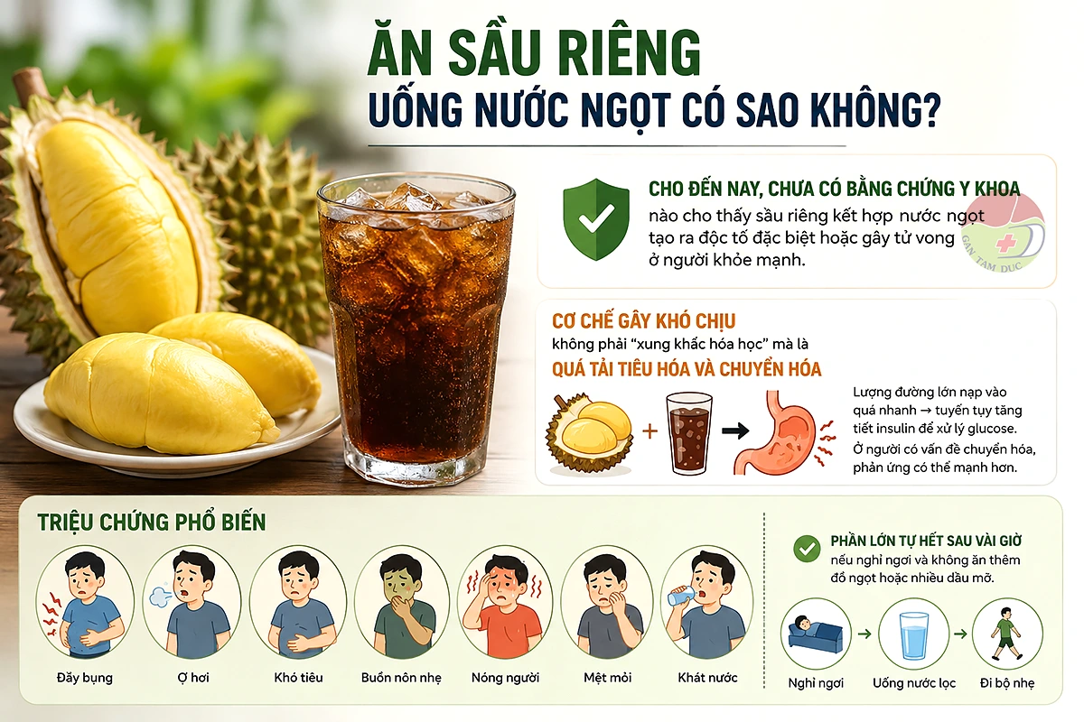 Infographic giải thích nguy cơ khi ăn sầu riêng uống nước ngọt có ga