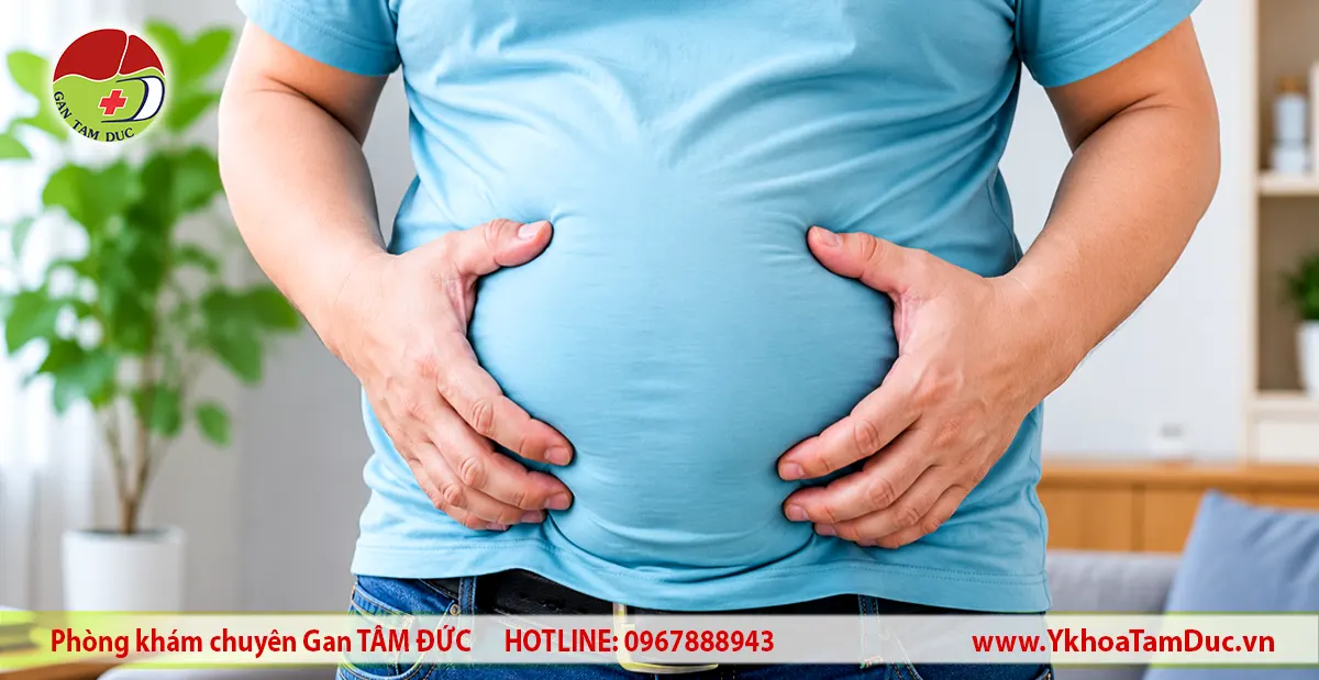 Bụng to có phải bị gan không? Dấu hiệu nào cần đi khám 1 Người đàn ông có vùng bụng lớn đặt hai tay lên bụng, minh họa tình trạng bụng to cần được đánh giá để xác định nguyên nhân, không thể kết luận bệnh gan chỉ dựa trên hình ảnh.