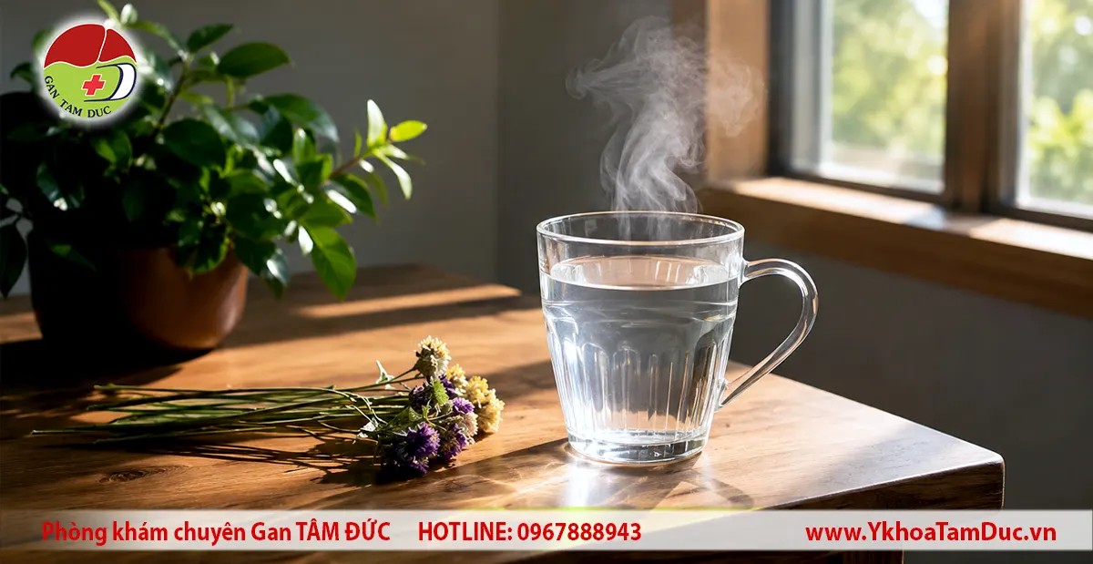 Sáng sớm ngủ dậy bị đắng miệng: Tự đánh giá & Cách xử lý 3 Một cốc nước ấm bốc khói đặt trên bàn vào buổi sáng, giải pháp giúp giảm nhanh cảm giác đắng miệng khi thức dậy, kèm logo Phòng khám Gan Tâm Đức.