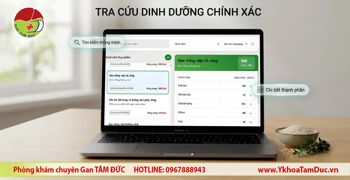 Tra cứu giá trị dinh dưỡng thực phẩm 2 Giao diện ứng dụng tra cứu giá trị dinh dưỡng thực phẩm trên máy tính hiển thị bảng năng lượng, protein, chất béo, carbohydrate và các thành phần dinh dưỡng của gạo trắng theo 100 g.