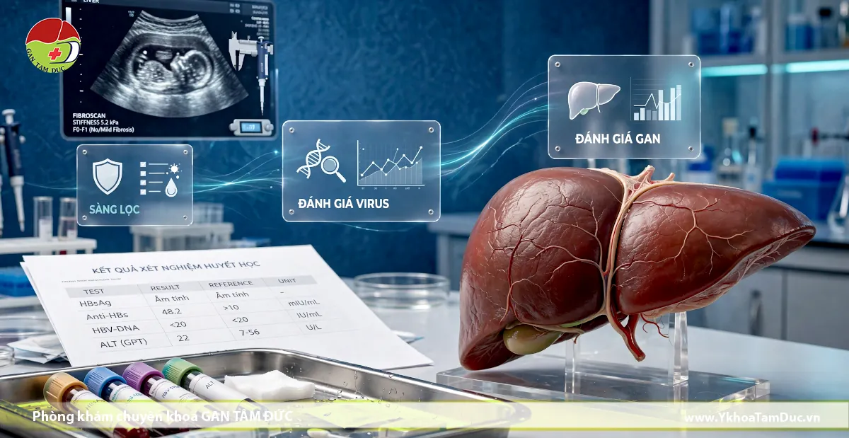 Xét nghiệm Viêm gan B cần làm những gì? 1 Mô hình giải phẫu gan bên cạnh bảng kết quả xét nghiệm HBsAg, Anti-HBs, HBV-DNA, ALT và các ống nghiệm máu tại Phòng khám Gan Tâm Đức.